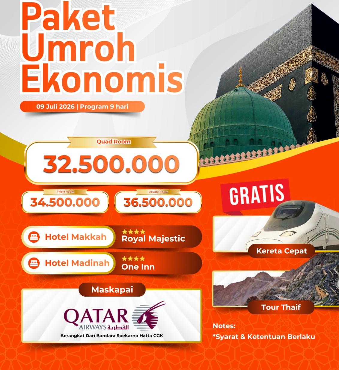 Paket Umroh 9 Hari 2026 Plus Thaif | Qatar Airways