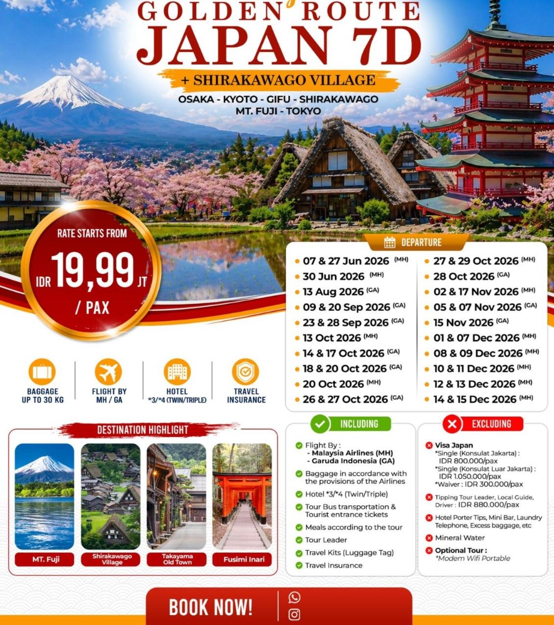 Paket Tour Jepang 2026: Shirakawago, Gunung Fuji & Tokyo 7 Hari