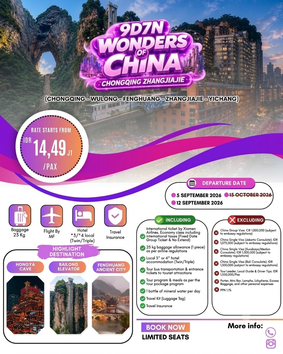 Paket Tour China 2026: Chongqing, Wulong, Fenghuang & Zhangjiajie 9 Hari